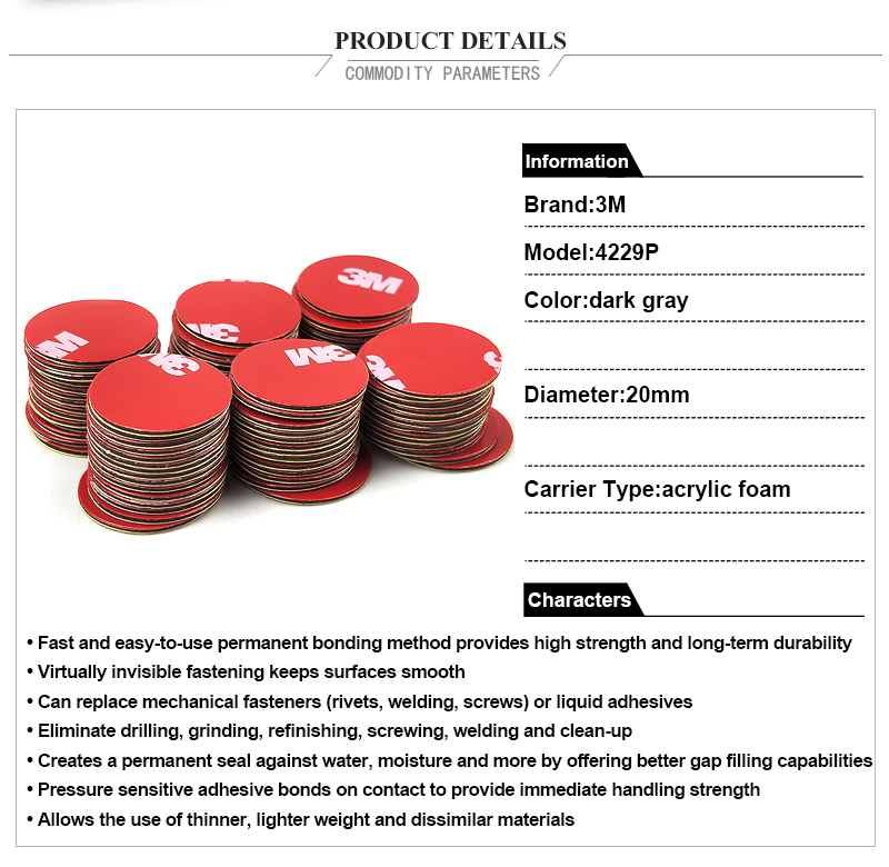 20mm circle die cut Pressure Sensitive Acrylic Foam Tape 3M 4229P, Gray Color, Red Printed Liner With 3M Logo,20Pcs/Lot