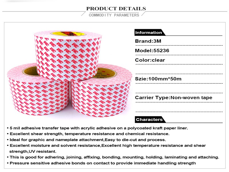 Original 3M 55236 100mm*50m Double Sided Adhesive Tissue Tape, Wide Use for Home, Electircs, Office White Board, Nameplate Label, Display