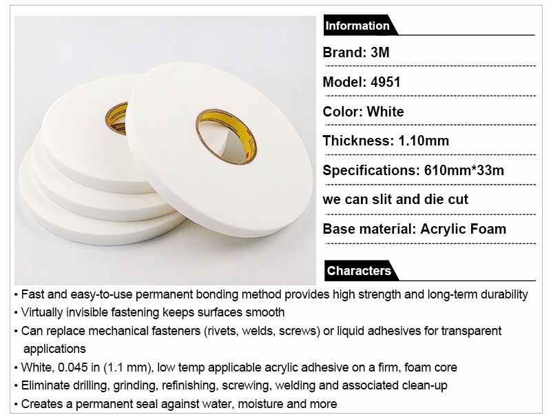 High temperature resistant 3M VHB 4951 double sided adhesive tape