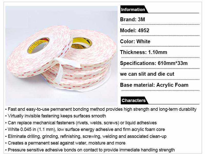 Die Cut 3M VHB 4952 Double Sided Acrylic wig tape low surface energy adhesive on a firm foam